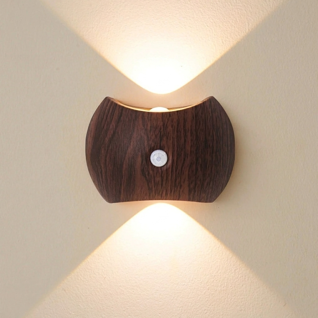 Wooden wall sconce with warm light on a beige wall