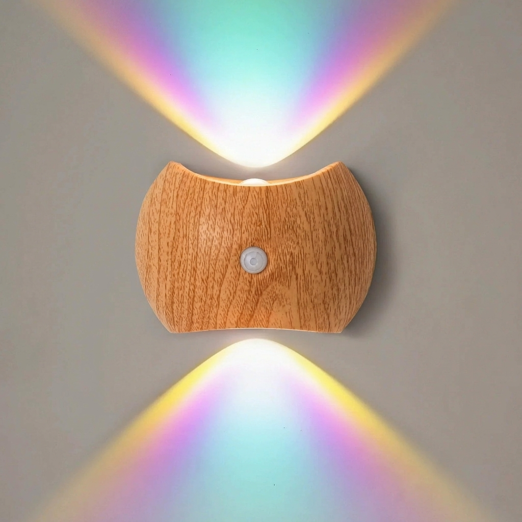 Wooden wall light fixture casting a rainbow of colors on a gray wall