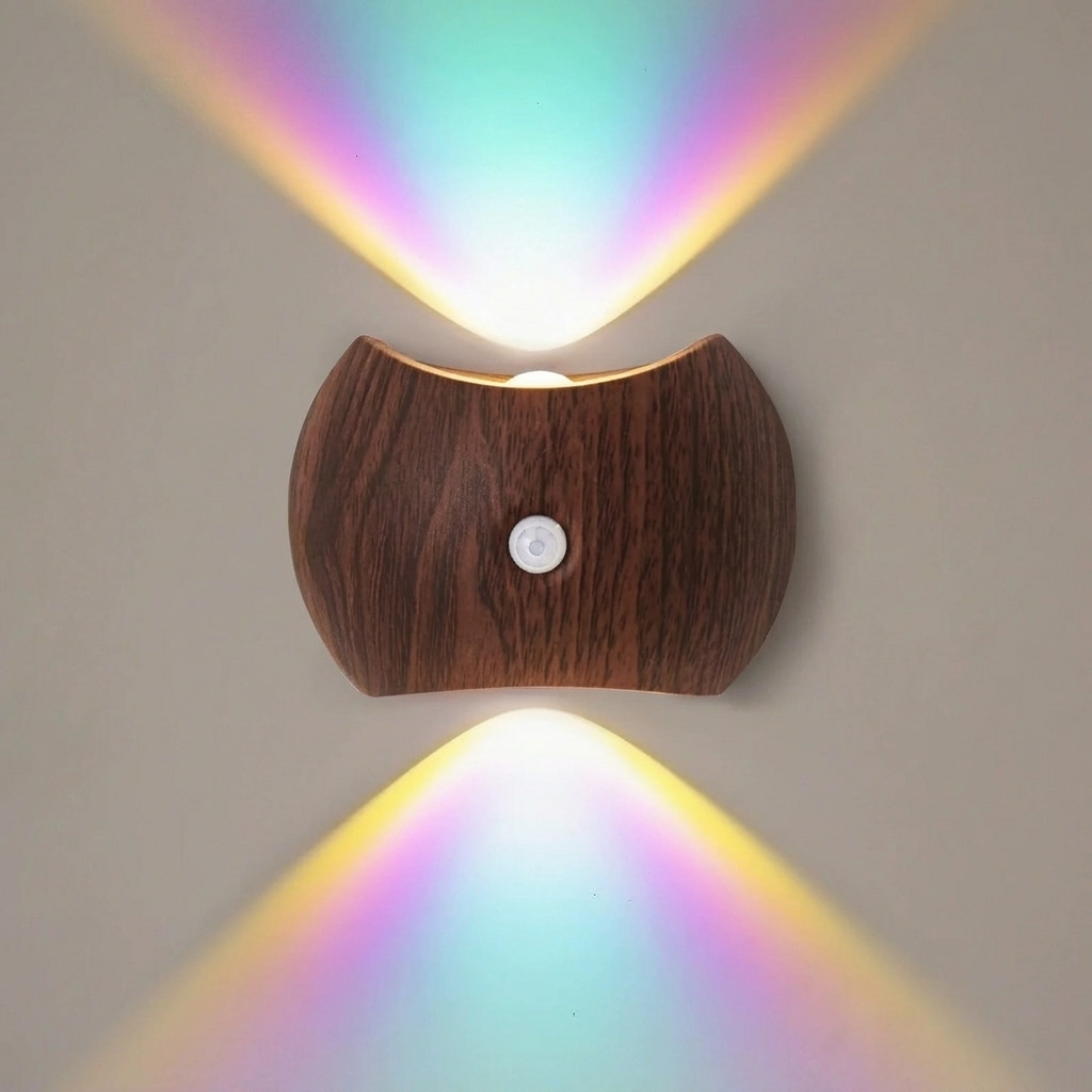 Wooden wall light fixture casting colorful shadows on a plain wall