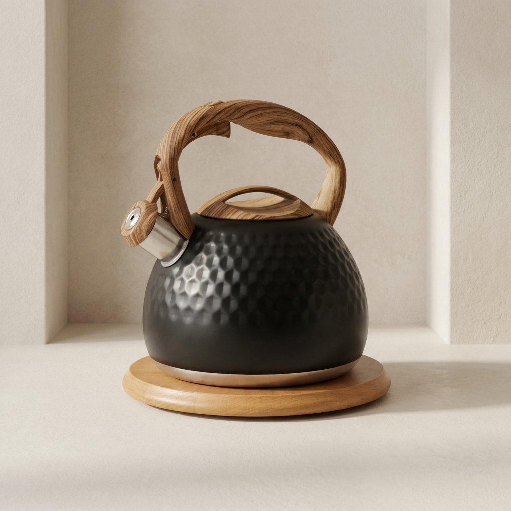 Black kettle with wooden handle and base on a neutral background