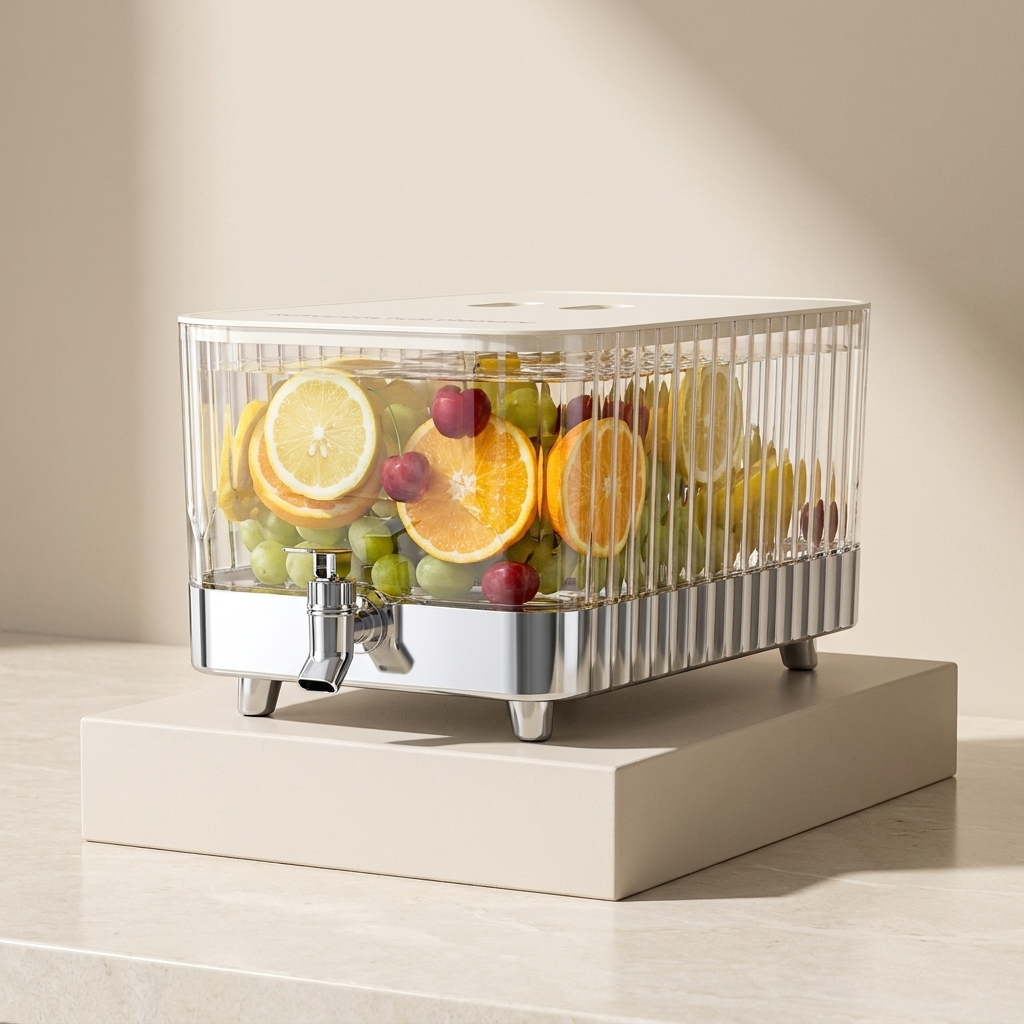 Fruit dispenser filled with fruits on a light background
