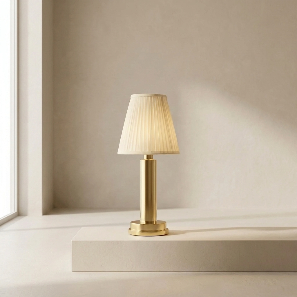 Table lamp with pleated shade on a light-colored surface near a window.