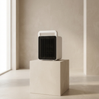 Modern air purifier on a pedestal in a minimalistic room with a window.