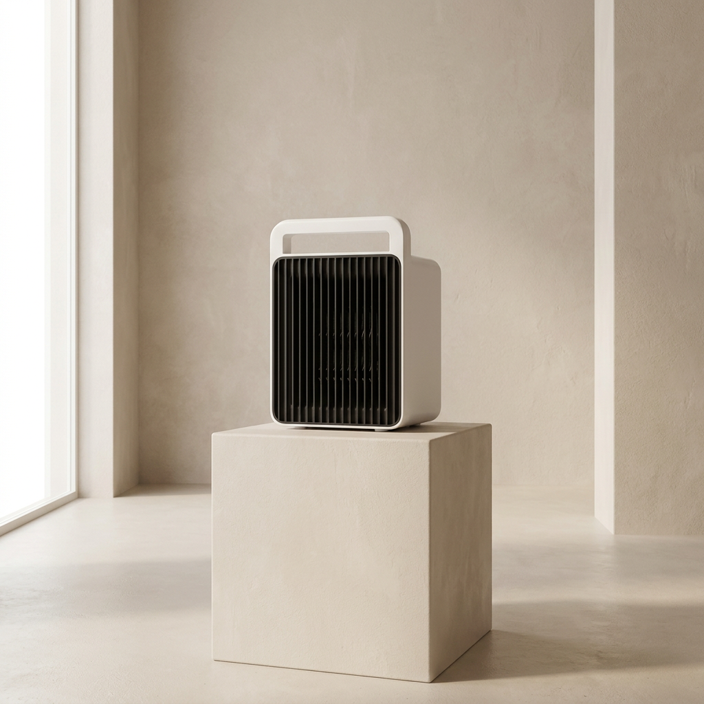 Modern air purifier on a pedestal in a minimalistic room with a window.
