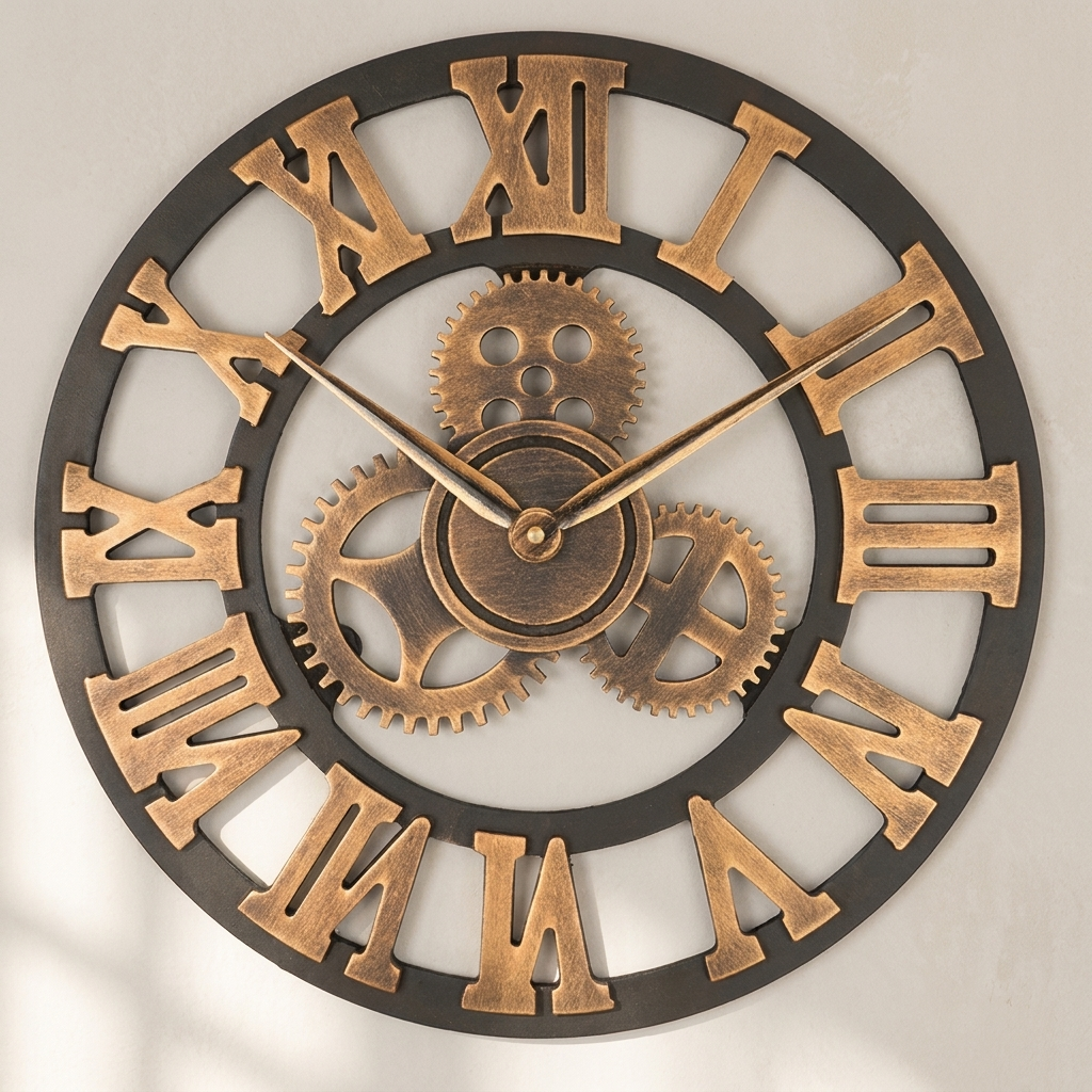 Decorative wall clock with Roman numeral markers and gear design on a beige background