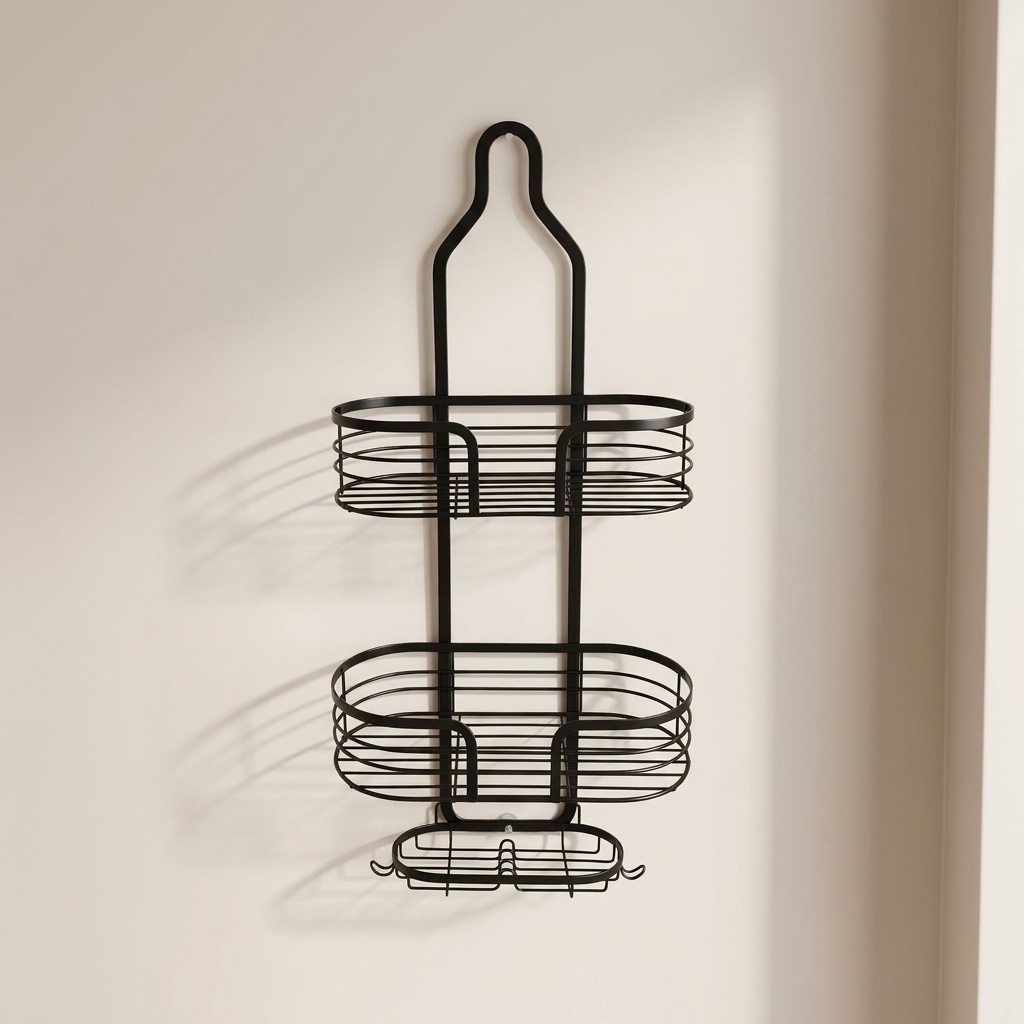 Black metal wall-mounted shower caddy on a neutral background