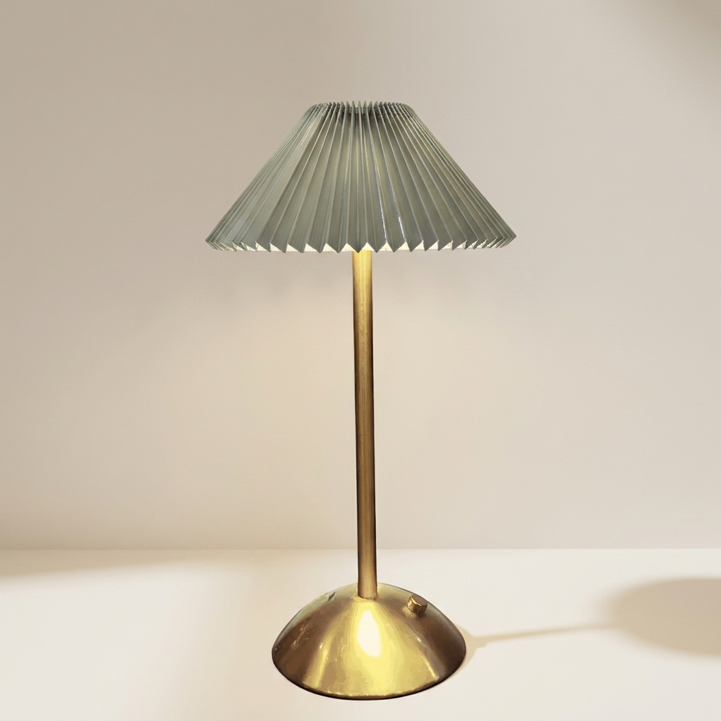 Table lamp with pleated green shade and brass base on a white surface.