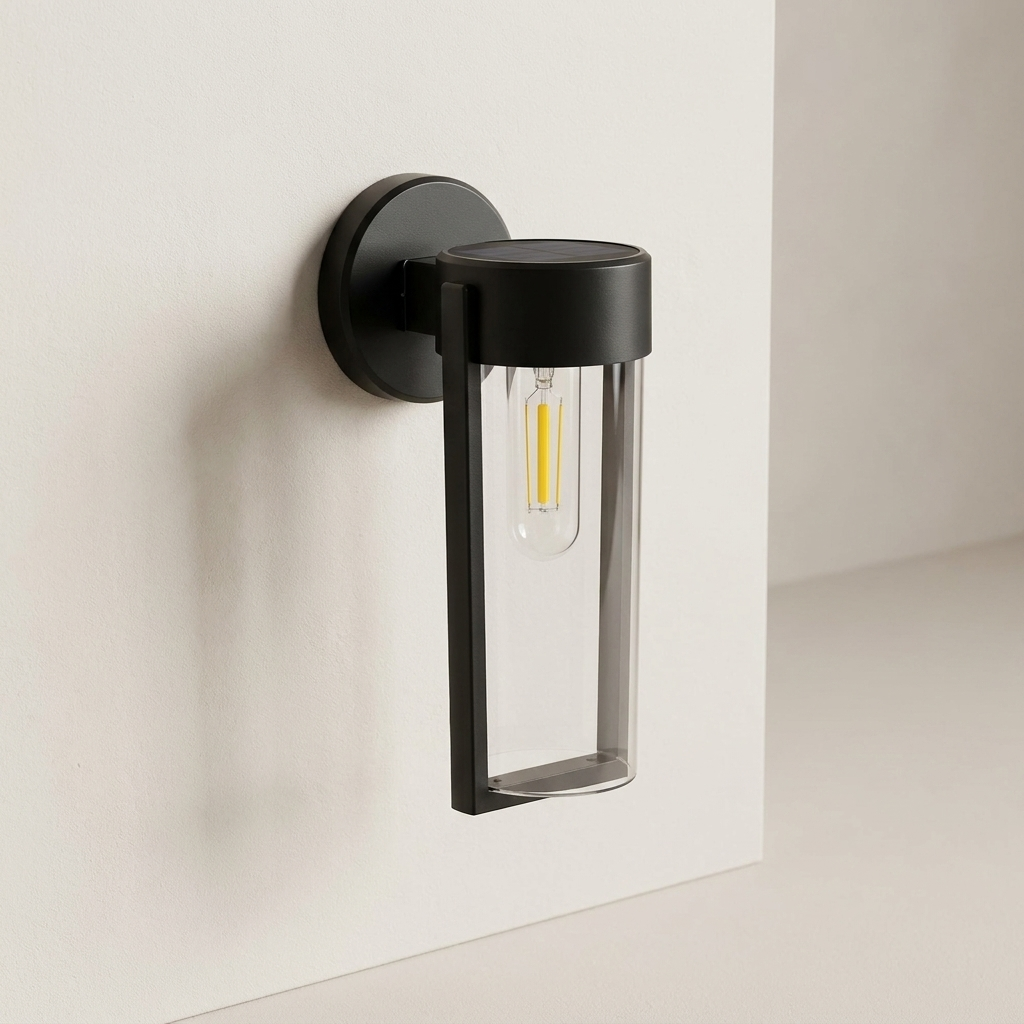 Modern black wall-mounted light fixture on a neutral background