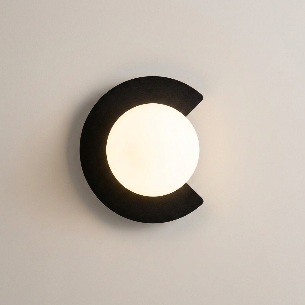 Modern wall light fixture shaped like a crescent moon on a neutral background