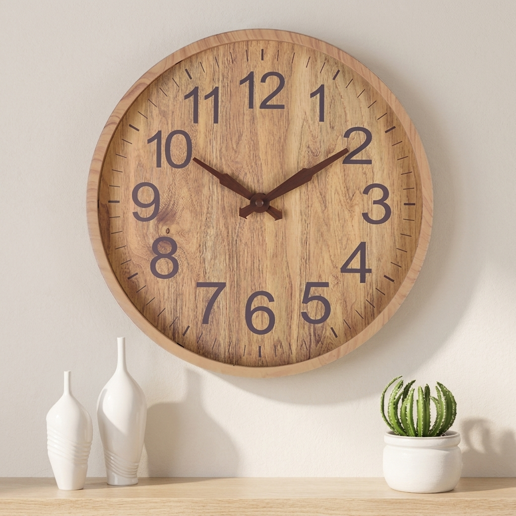 Wooden wall clock on a wall with decorative vases and a cactus plant below.