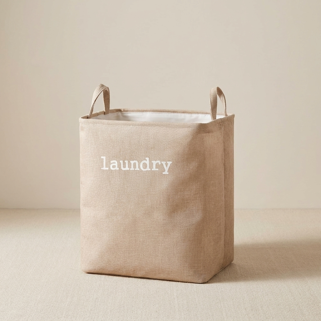 Beige laundry basket with 'laundry' text on a beige background
