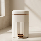 Beige trash can with wooden pedal in a bathroom setting