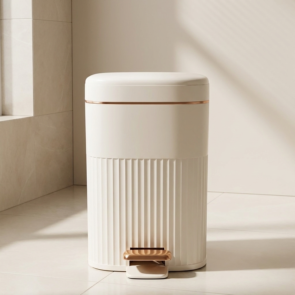 Beige trash can with wooden pedal in a bathroom setting