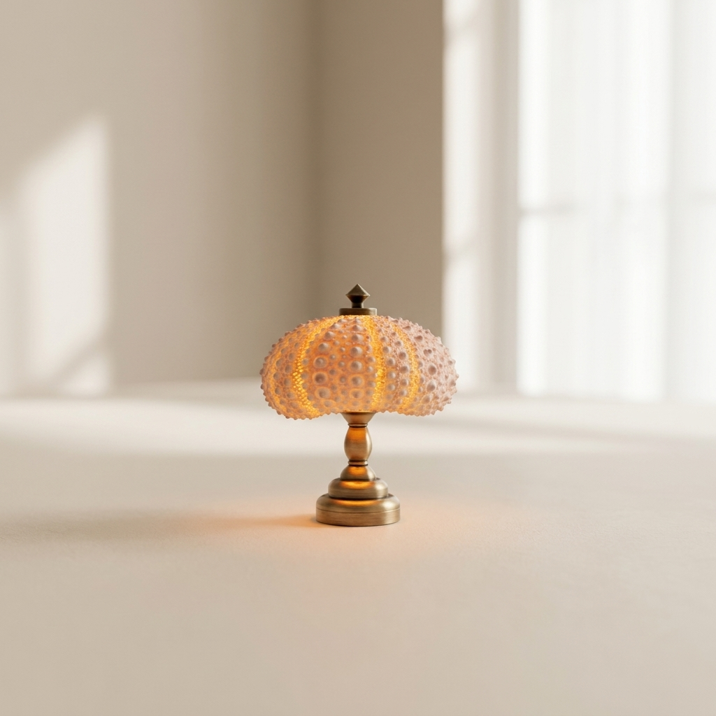 Decorative lamp with a textured shade on a neutral background