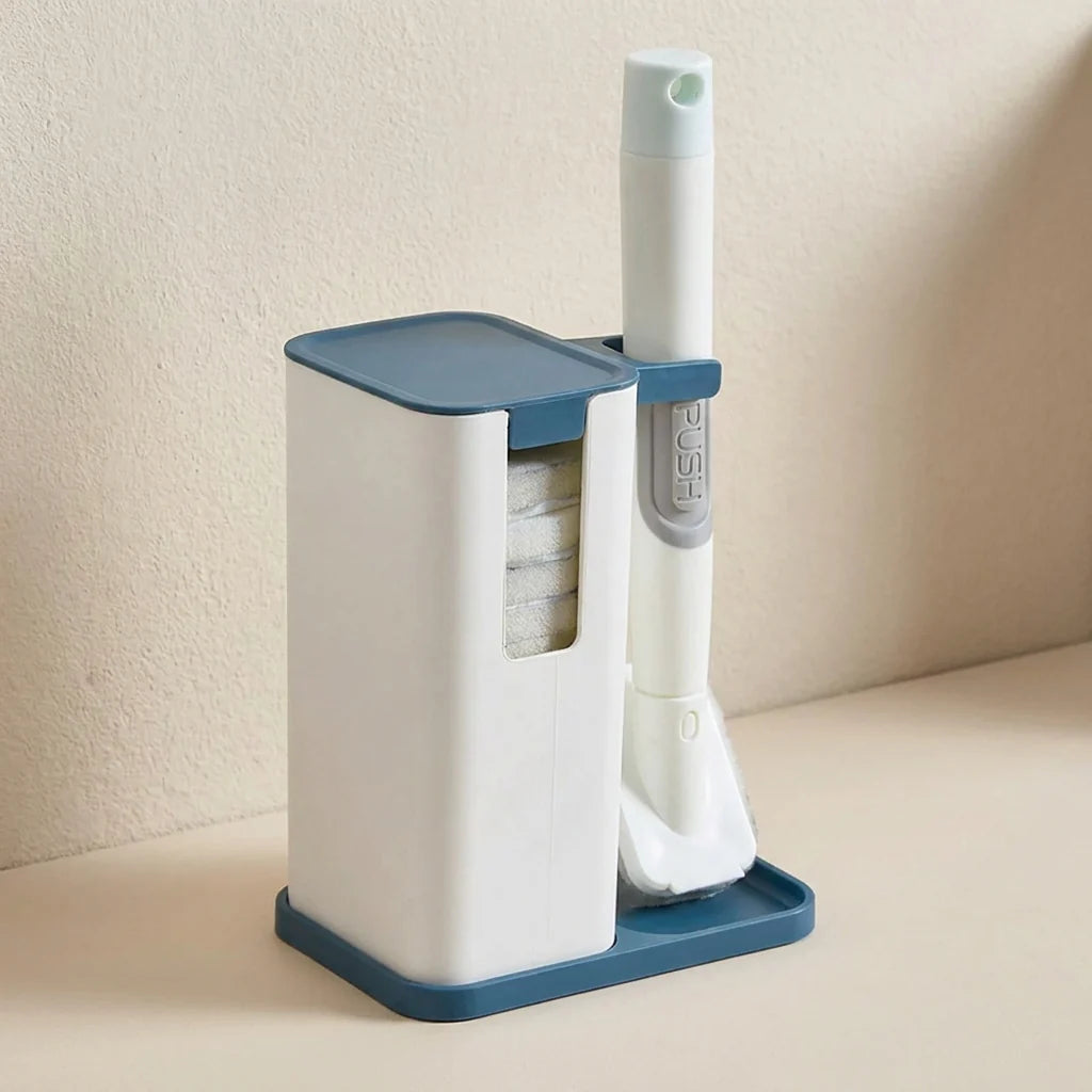 Cleaning brush with blue stand on a beige surface