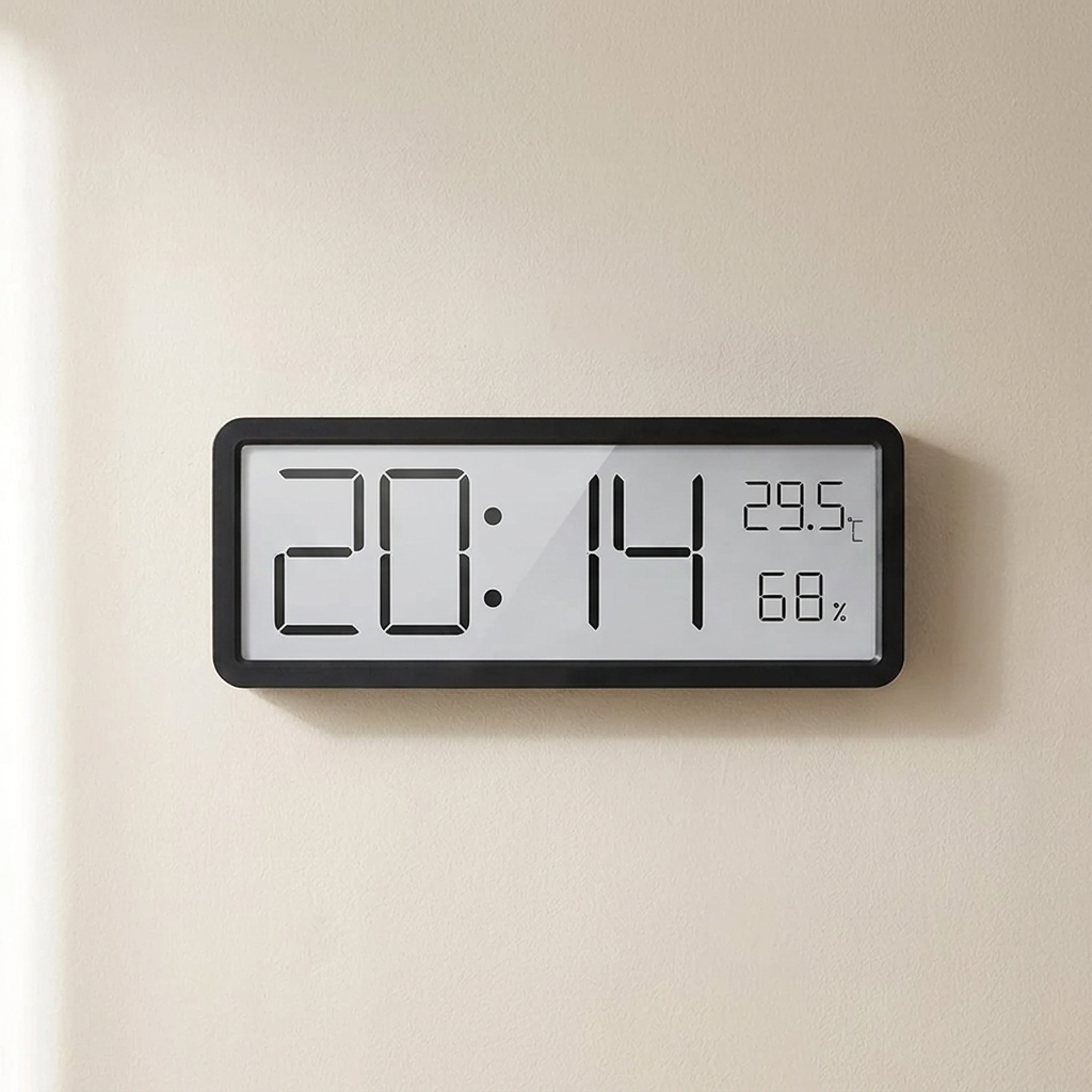 Digital clock with time, temperature, and humidity display on a beige wall.