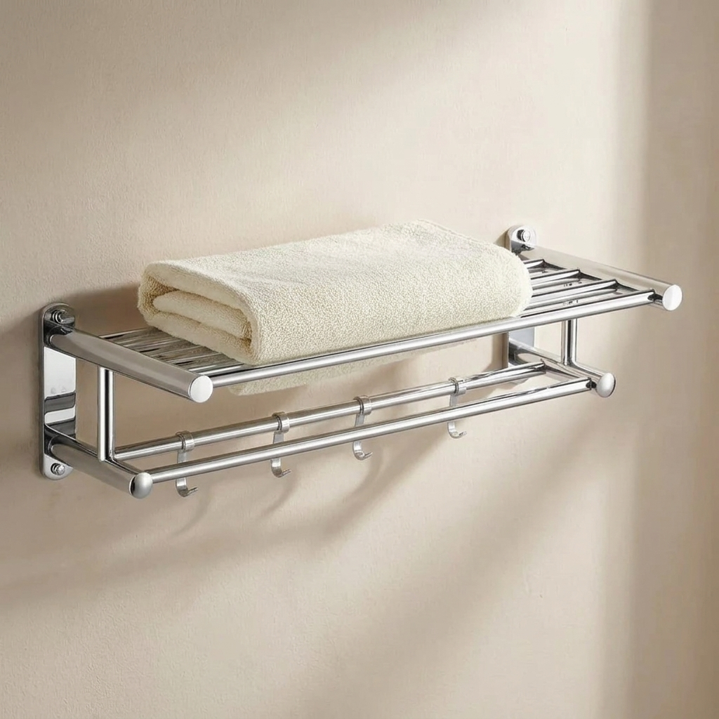 Towel rack with a folded towel on a beige wall