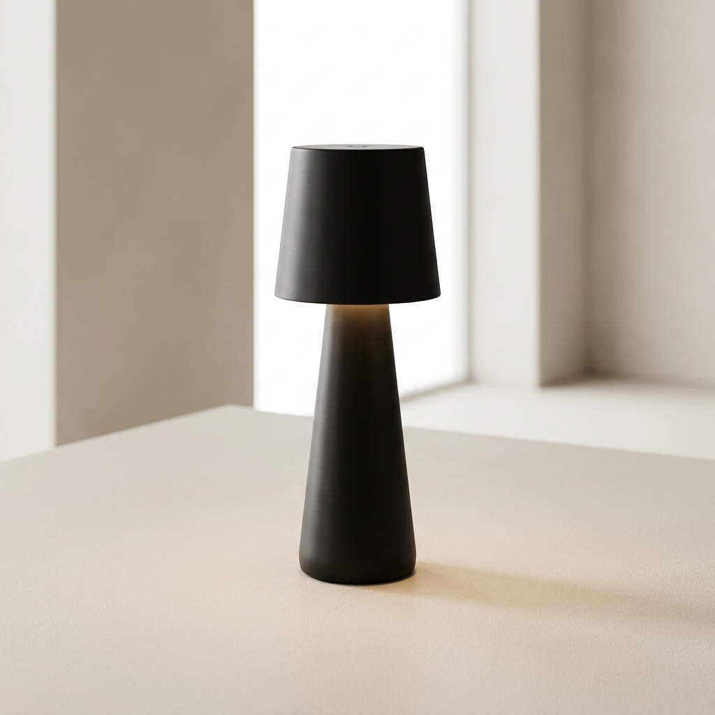 Black table lamp with a black shade on a light surface.
