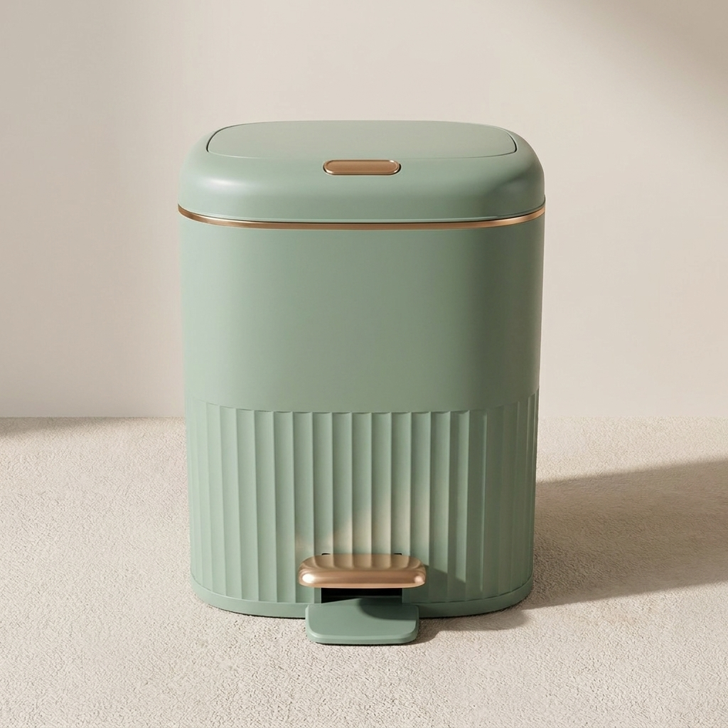 Green trash bin with a step pedal on a beige background