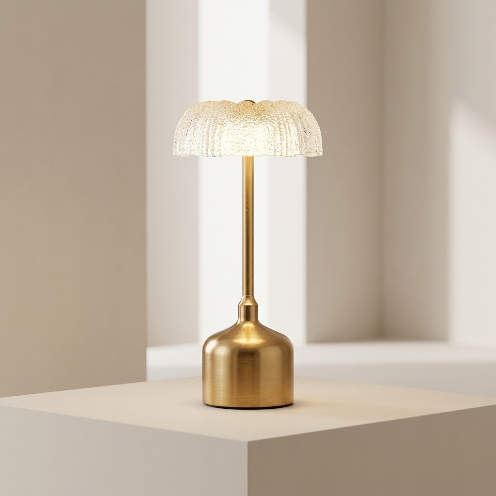 Gold table lamp with textured shade on a neutral background