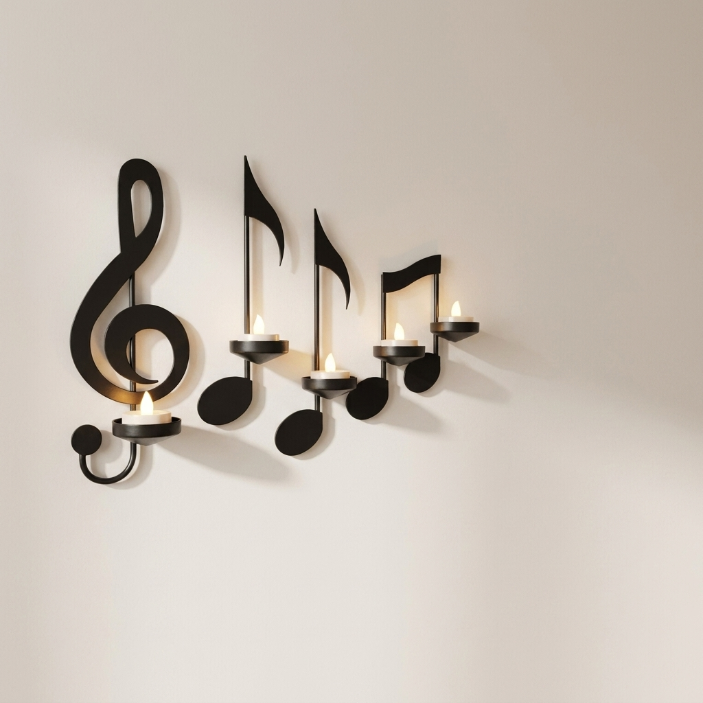 Decorative wall sconce with musical note designs on a plain background