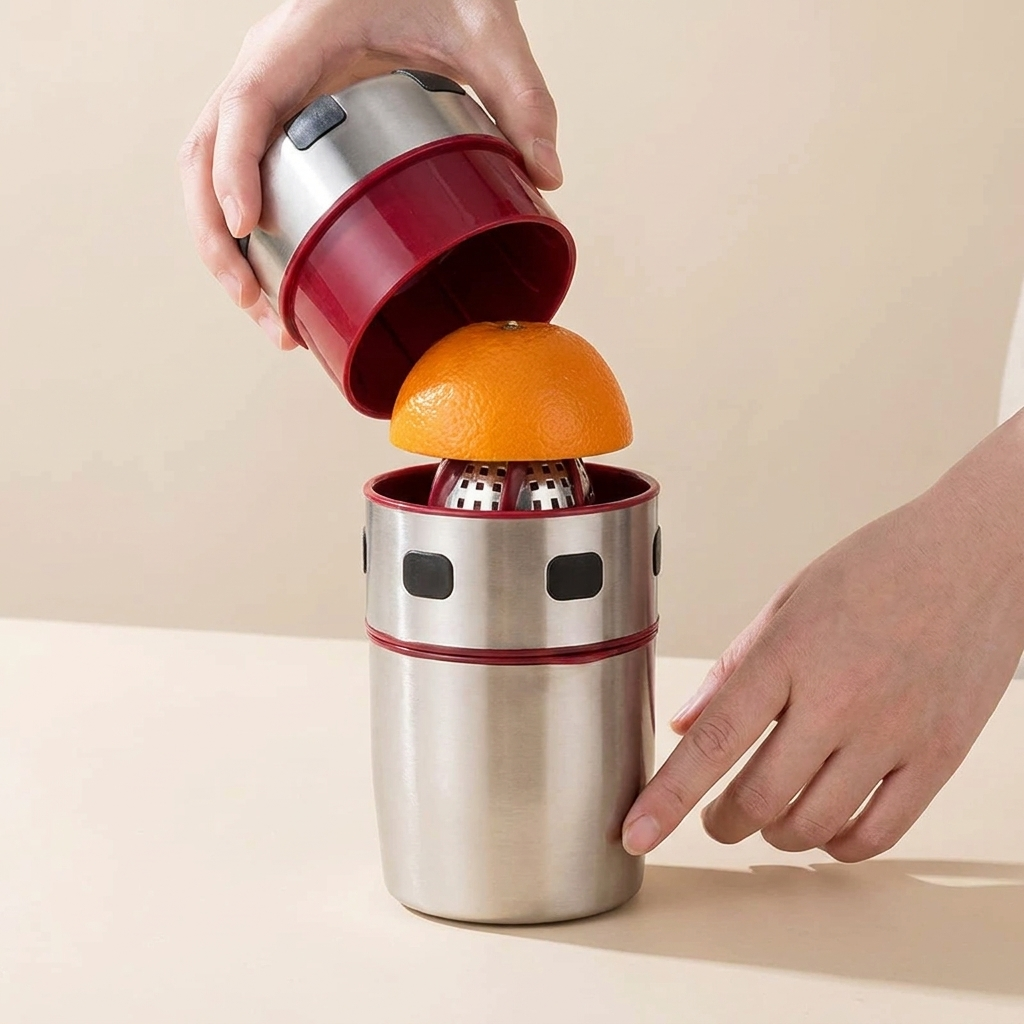 Person using a portable orange juicer with a red top and silver body on a beige background