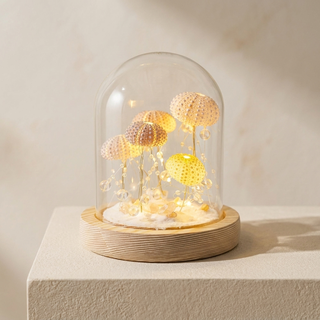 Decorative lamp with jellyfish inside a glass dome on a wooden base against a beige background