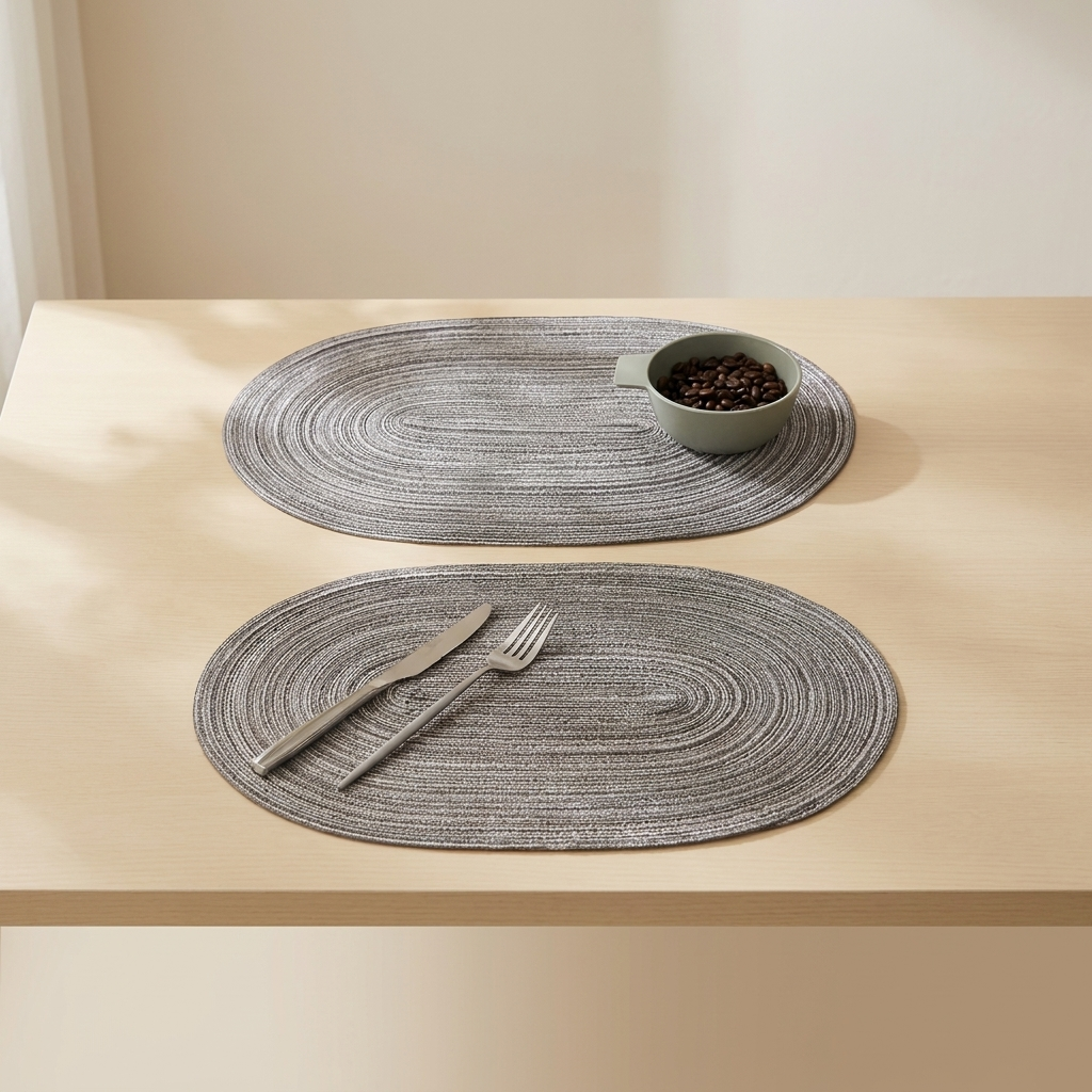 Two oval placemats on a wooden surface with a bowl of coffee beans and cutlery.