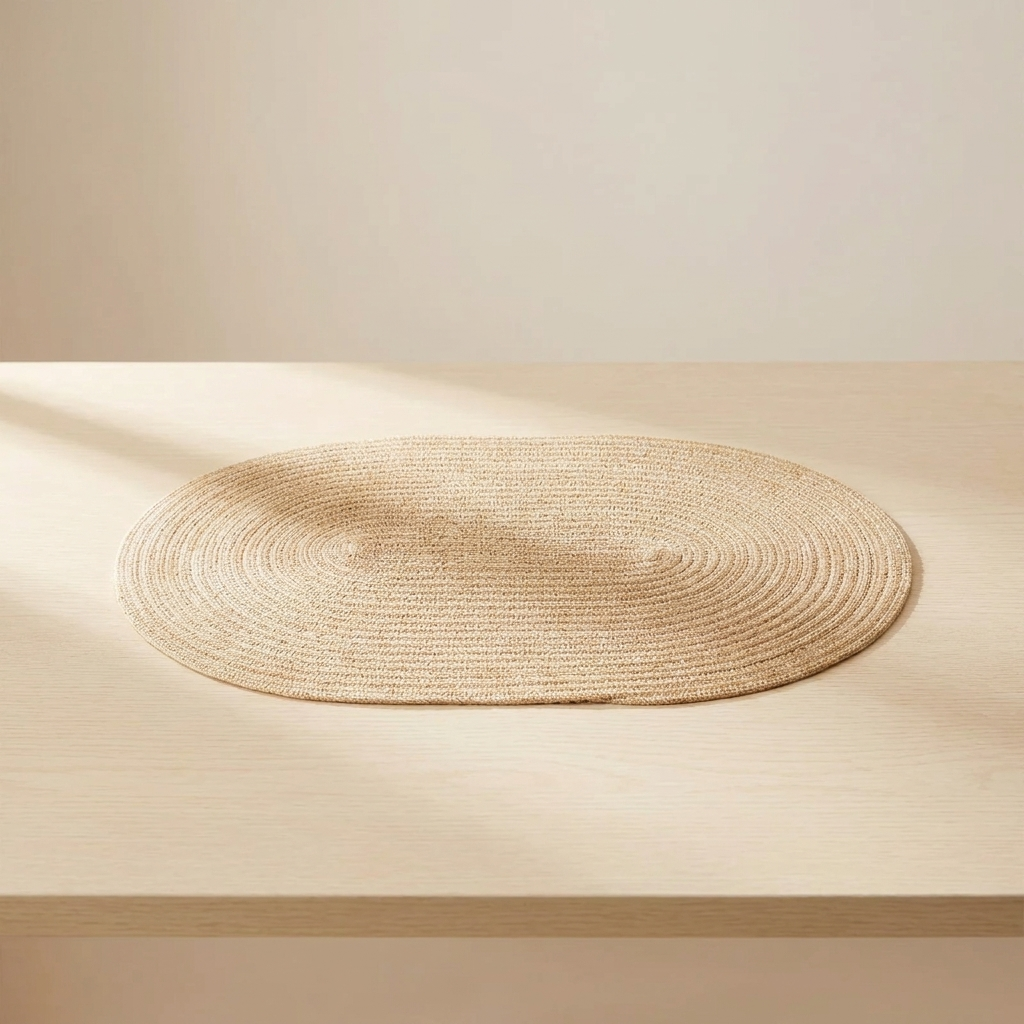 Round woven mat on a wooden surface with a neutral background