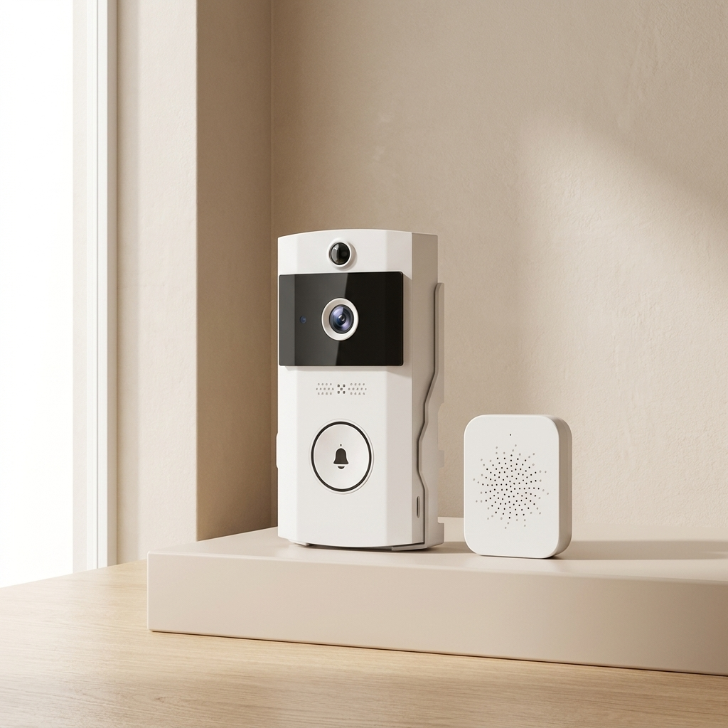 White security camera with a speaker on a beige shelf against a beige wall