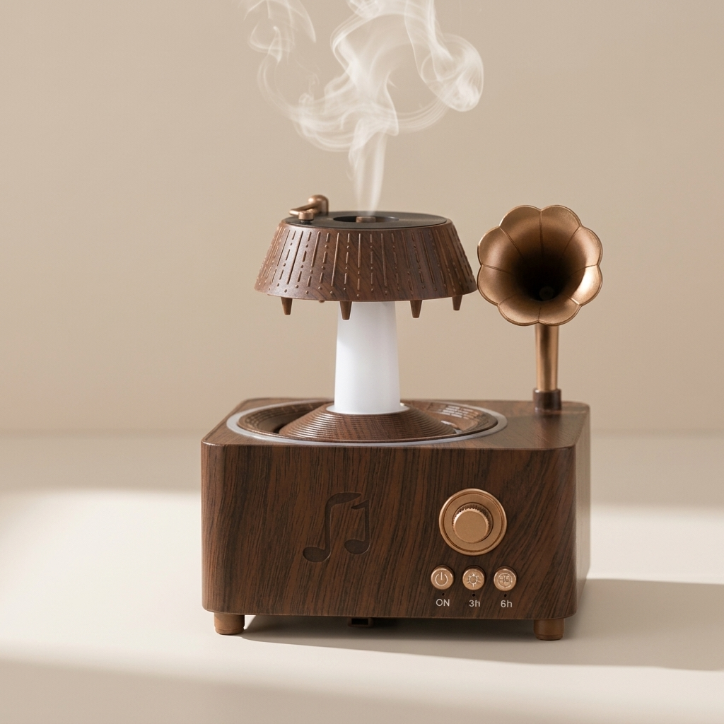Wooden diffuser with smoke emitting from it on a beige background