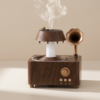 Wooden diffuser with smoke emitting from it on a beige background