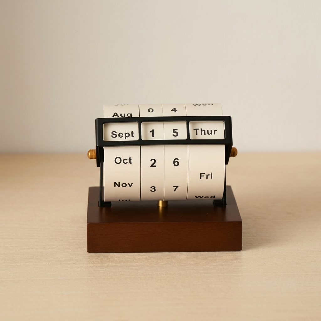 Perpetual calendar on a wooden base with a beige background