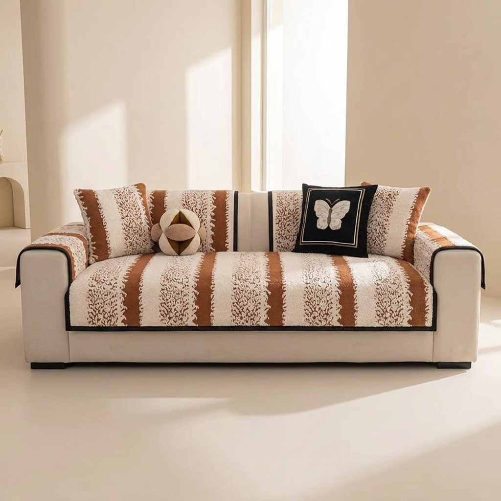 Beige sofa with patterned cushions in a room with large windows.
