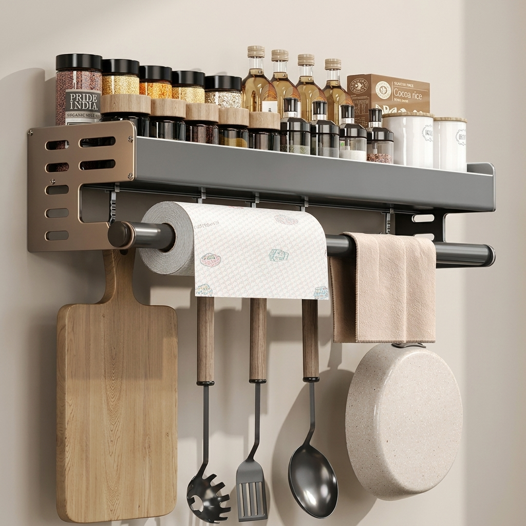 Wall-mounted kitchen organizer with cutting board, utensils, paper towels, and spices.