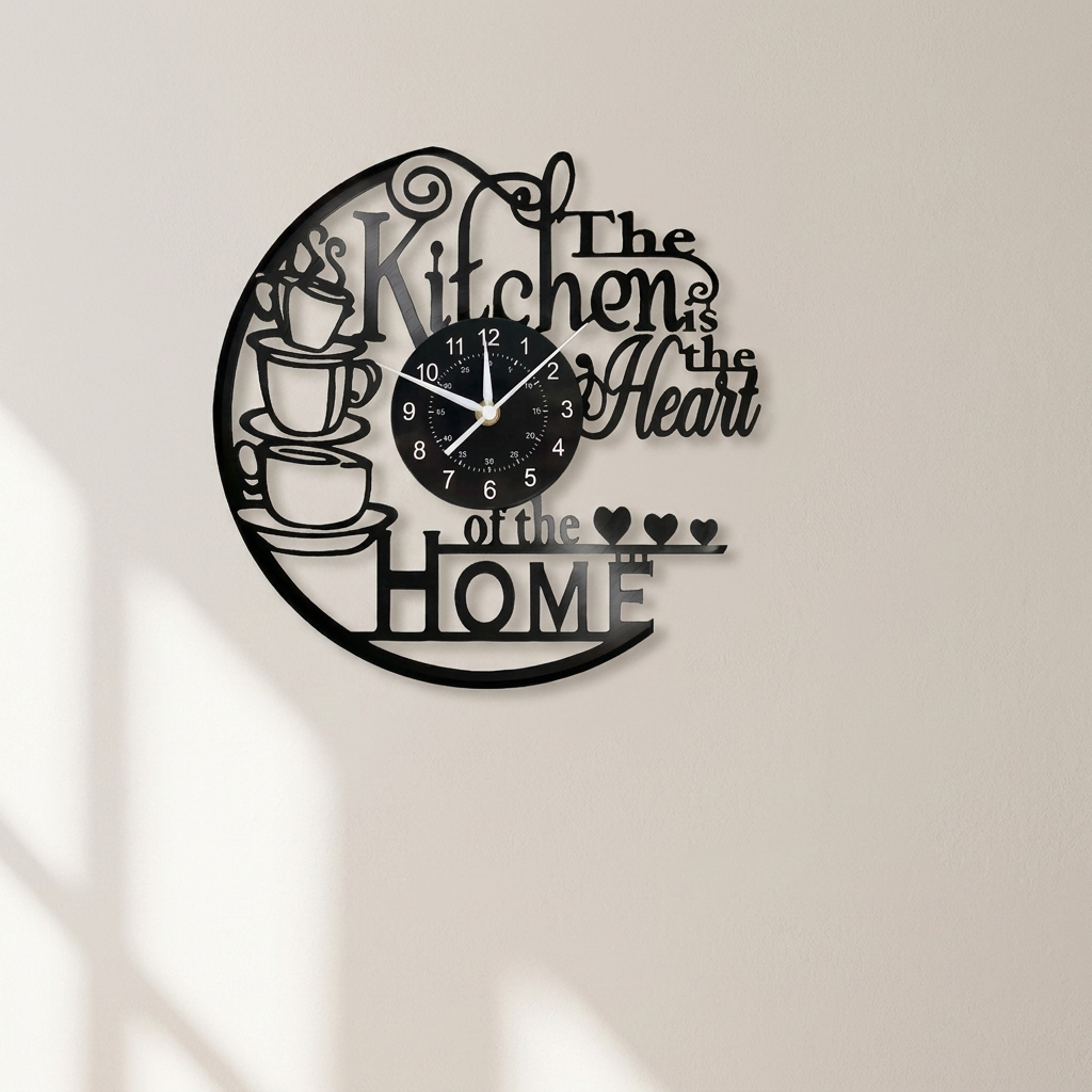 Decorative wall clock with 'The Kitchen is the Heart of the Home' text on a light background