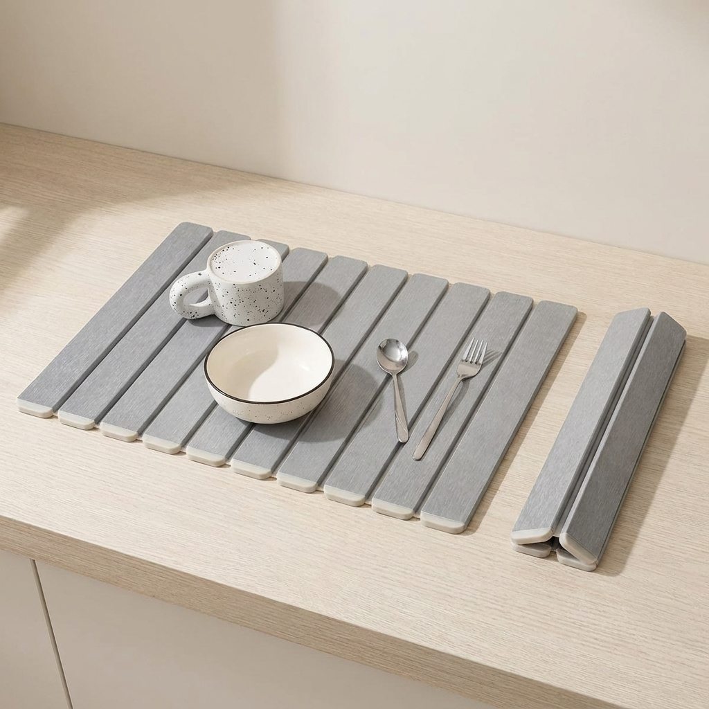 Gray woven placemat with a cup, bowl, spoon, and fork on a wooden surface.