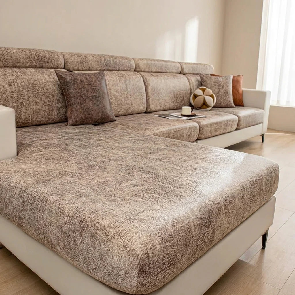 Beige sectional sofa in a living room setting with decorative pillows and a small table.
