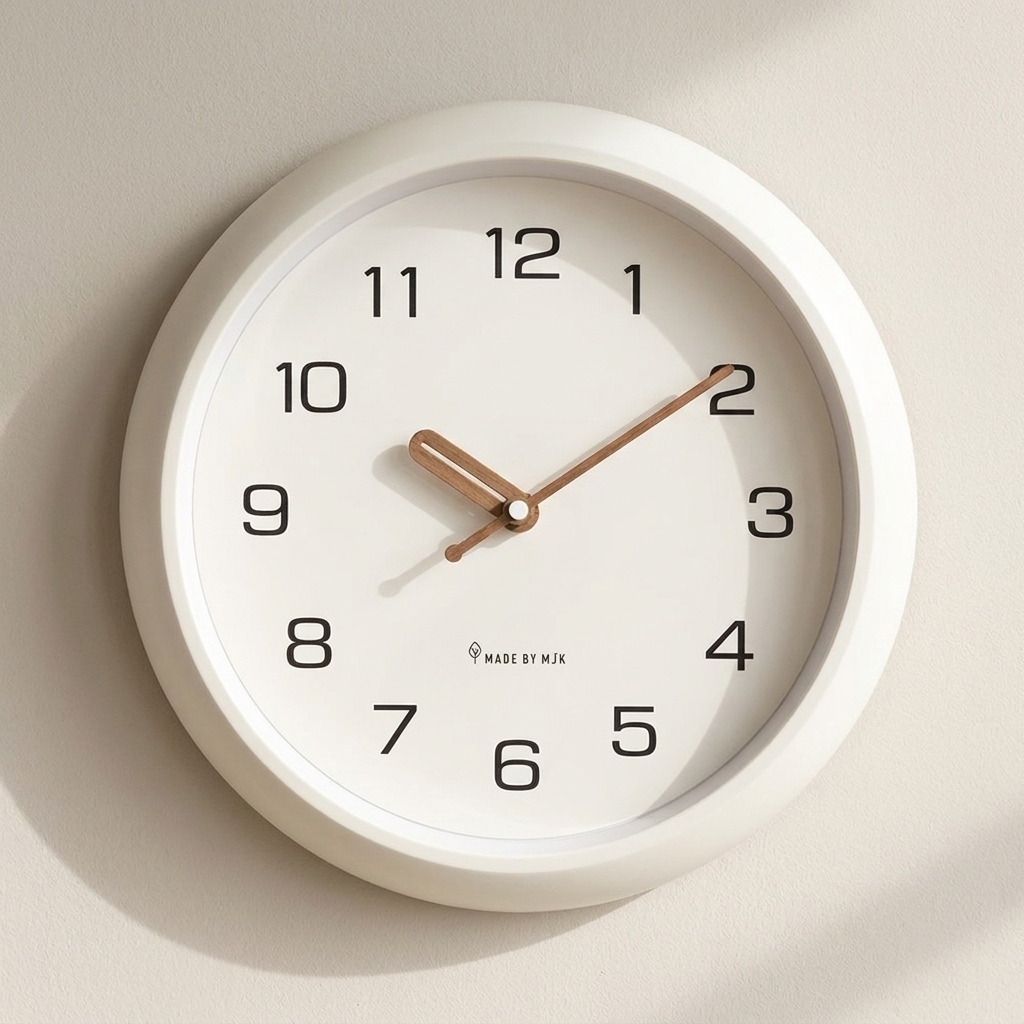 White wall clock with black numbers and brown hands on a beige background