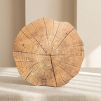 Wooden log cut in half on a beige background