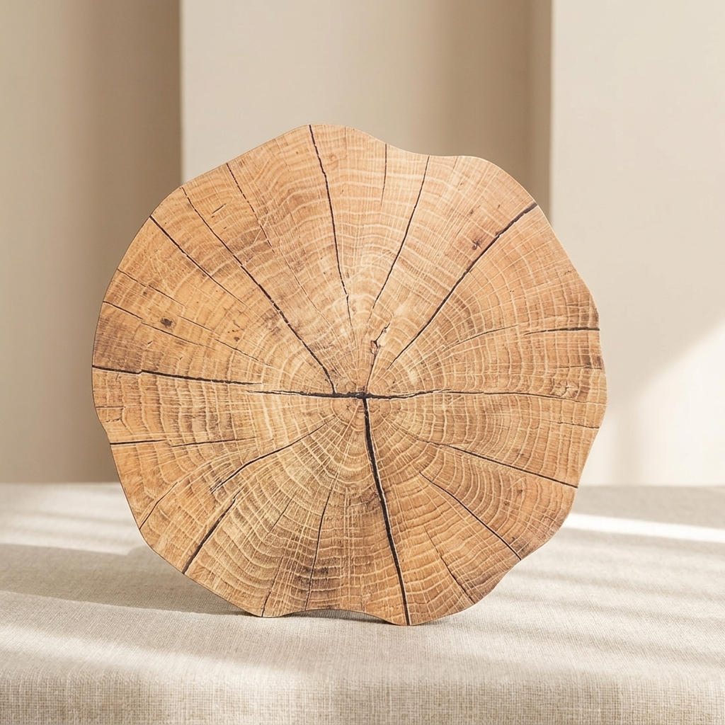 Wooden log cut in half on a beige background