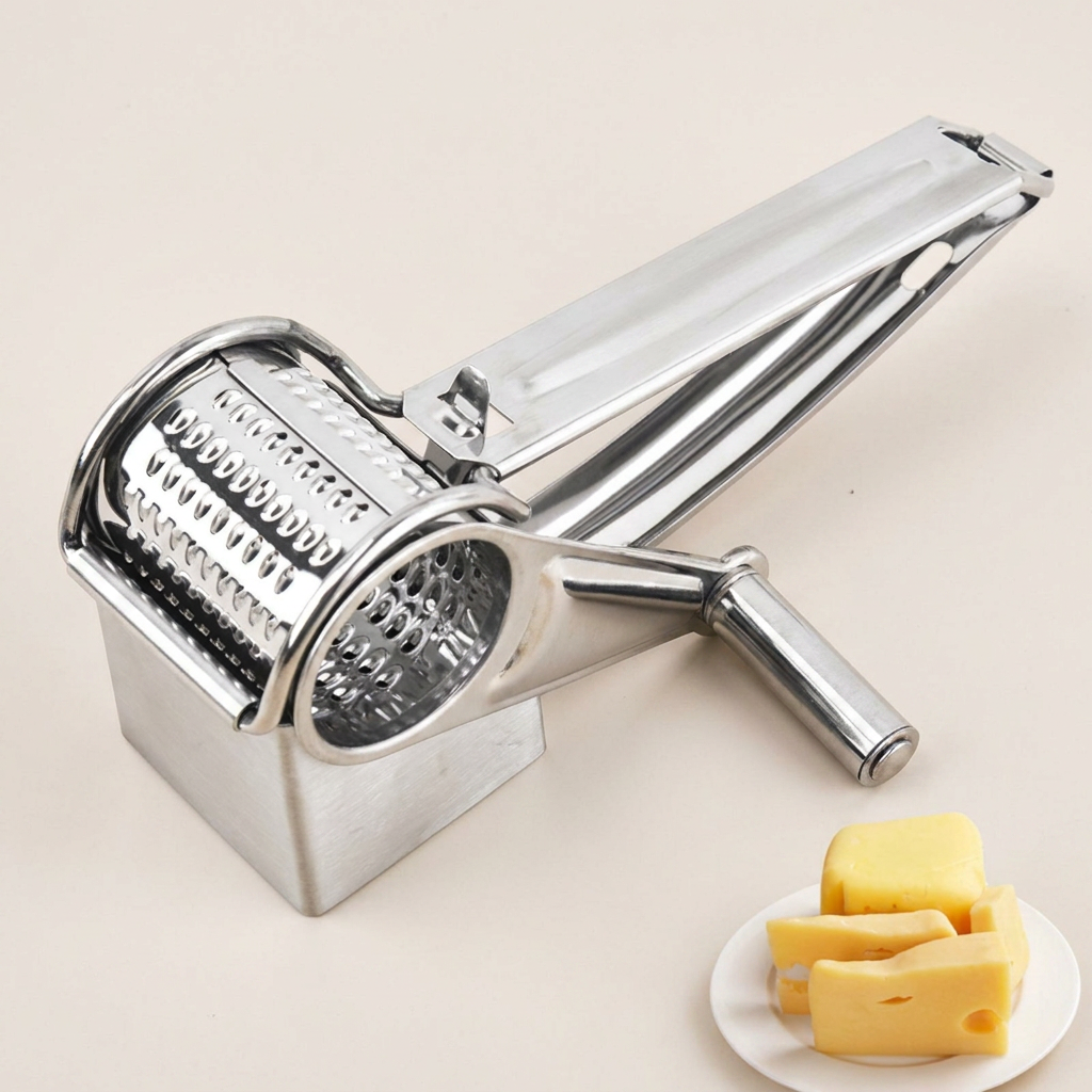 Metal cheese grater with a plate of cheese on a beige background