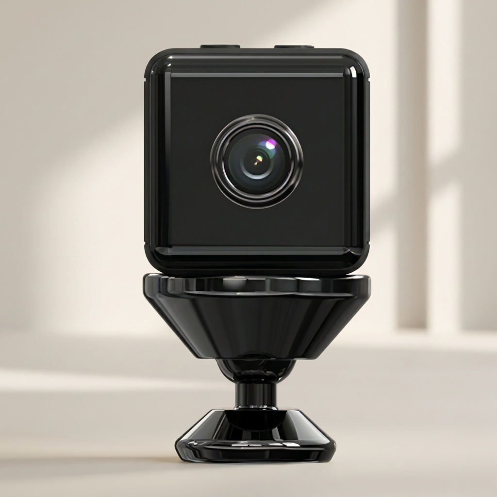 Black security camera on a beige background