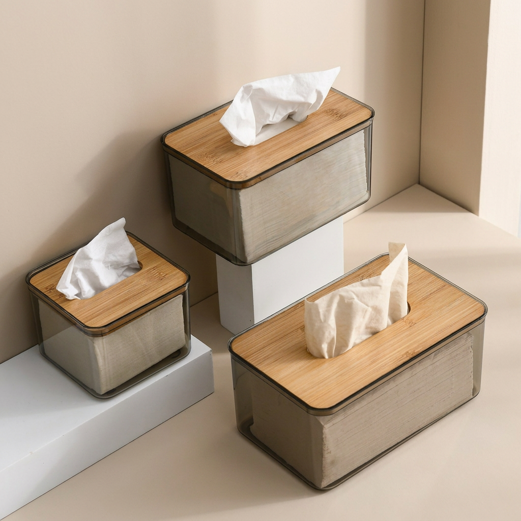Three tissue boxes with wooden lids on a neutral background