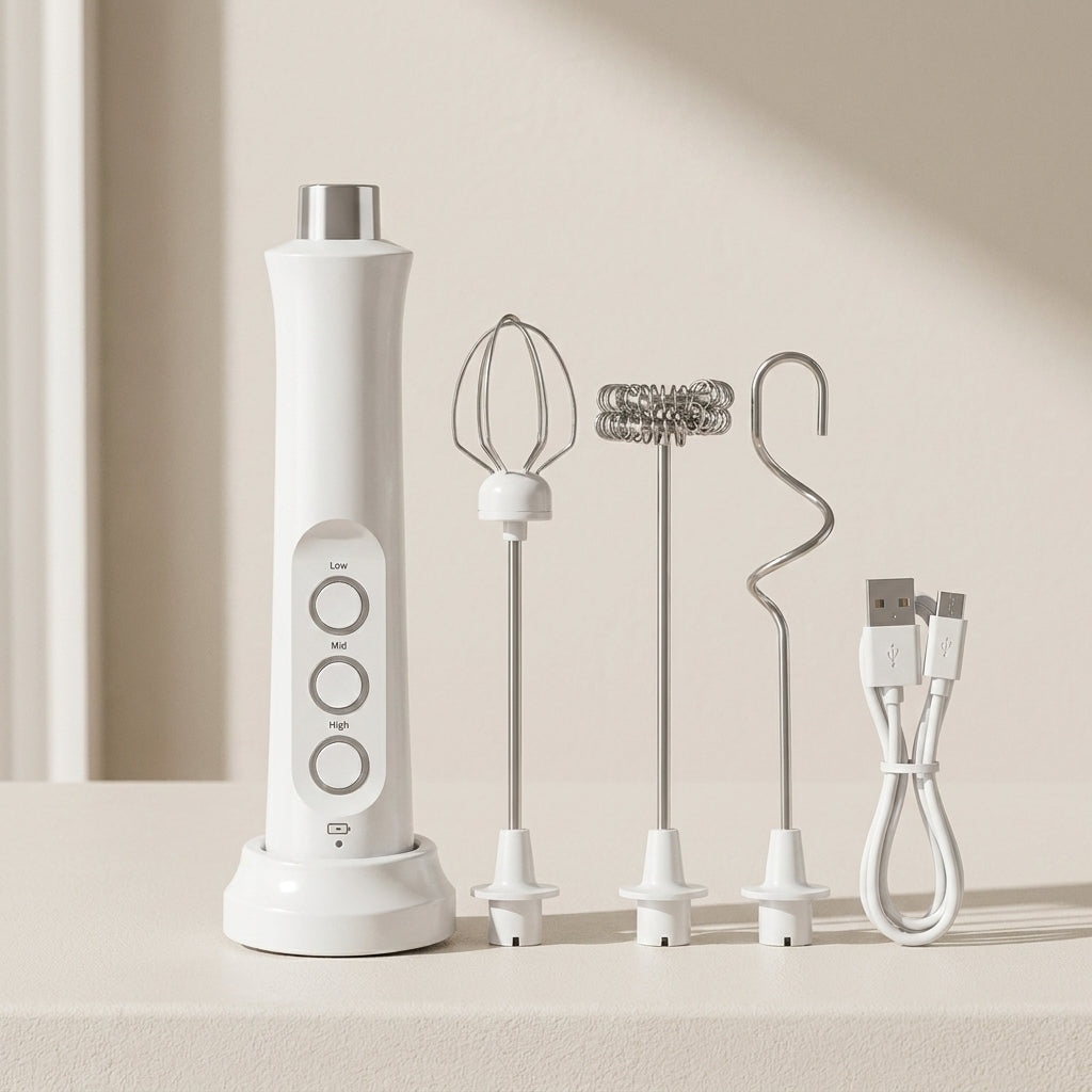 White handheld blender with attachments on a beige surface