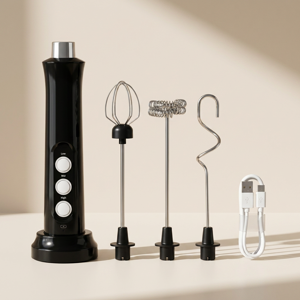 Black handheld blender with attachments on a beige background