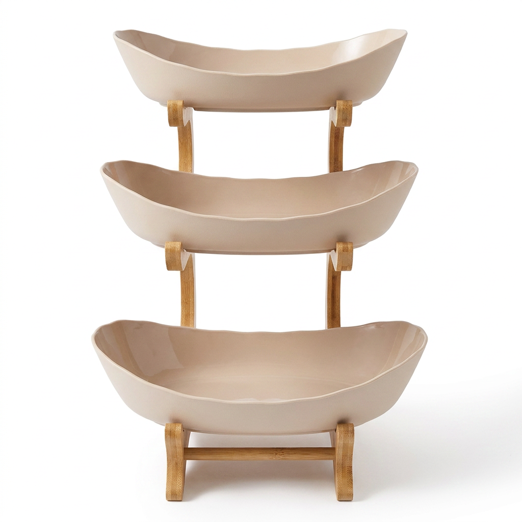 Tiered Fruit Stand, Bamboo Frame, Oval Bowl Design