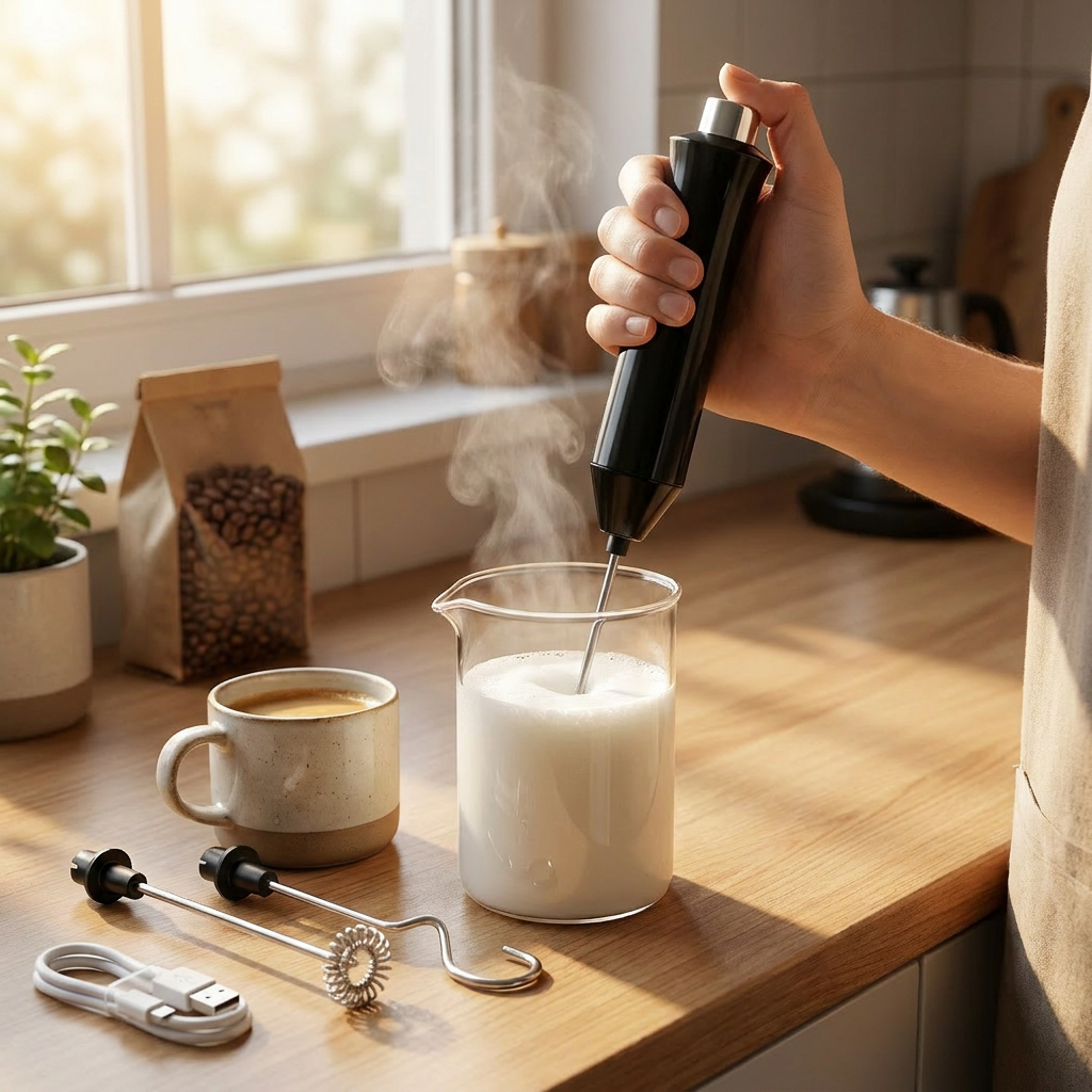 Person using a milk frother to steam milk on a wooden kitchen counter with a cup of coffee and coffee beans in the background.