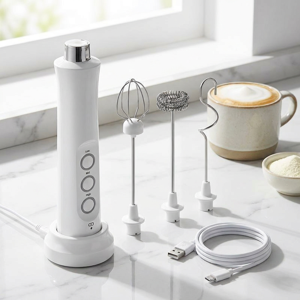 White handheld blender with attachments on a marble surface with a cup of coffee in the background.