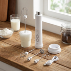White handheld mixer with attachments on a wooden surface next to ingredients and a glass of milk.